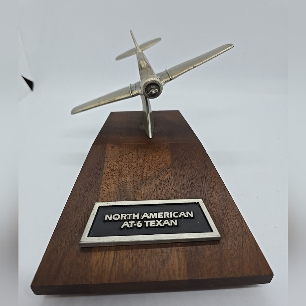 North American AT-6 Texan Silver Model on Wooden Base